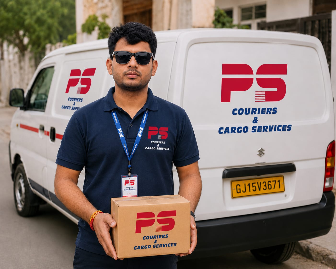 Allen Express delivery executive with a parcel at the customer's door